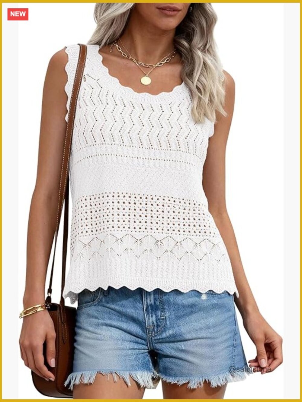 Crochet Tank Top Sleeveless Crew Neck Wave Hem Lightweight Stretchy